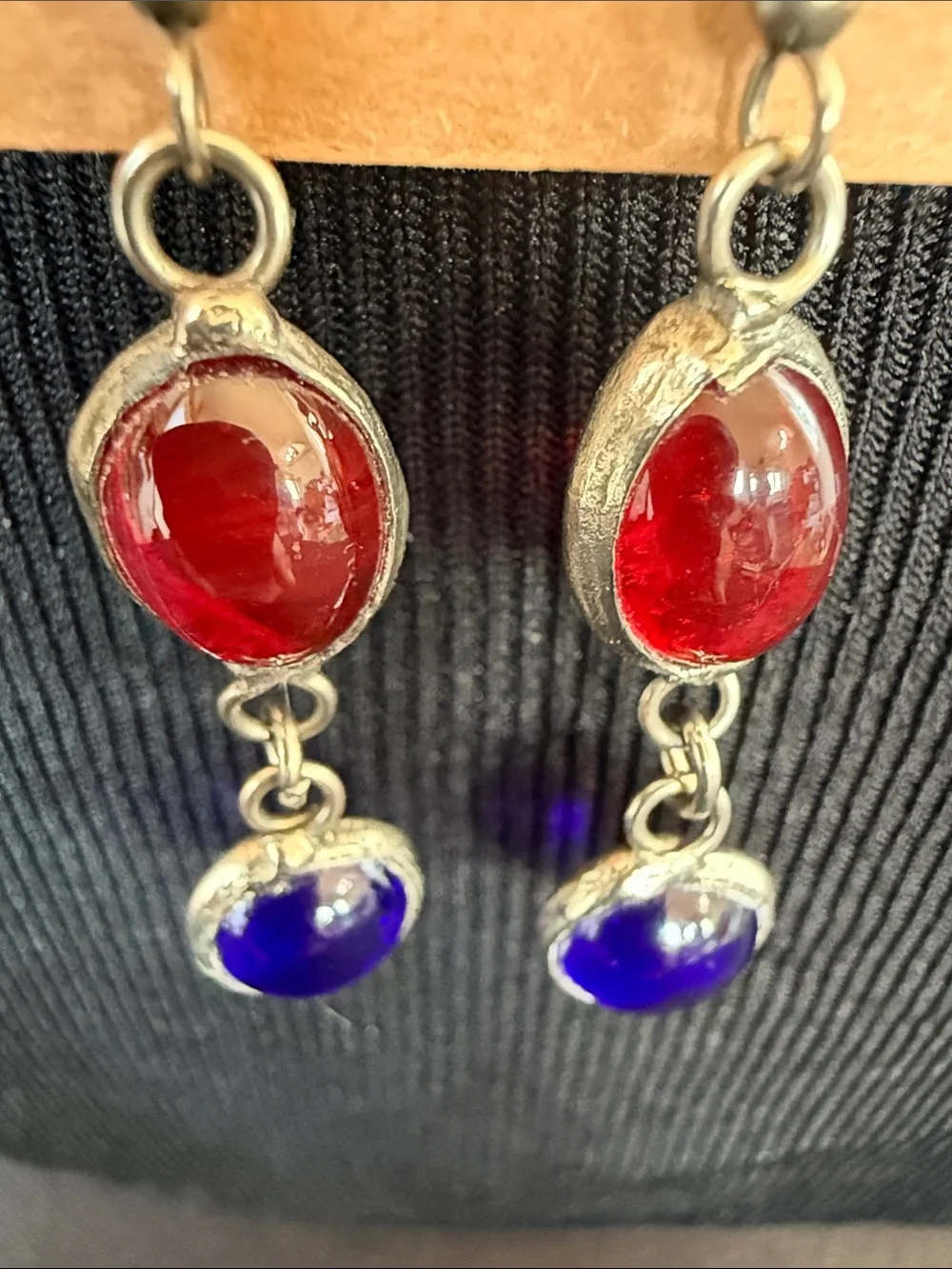 Vintage silver plated Red and Blue Glass Drop Earrings handcrafted.